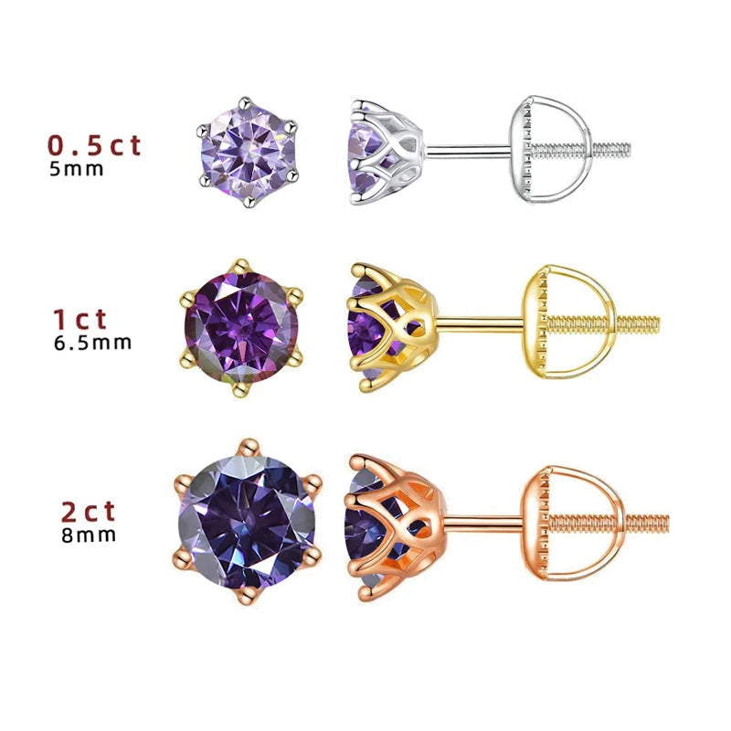 Colored Six-Prong Moissanite Screw-Back Stud Earrings — Color and stone-size comparison