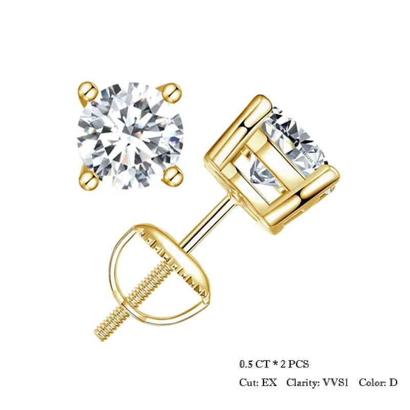 Round & Square Moissanite Screw-Back Stud Earrings in Silver — Round gold-tone 0.5CT option