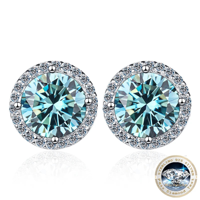 Colored Round Halo Moissanite Stud Earrings in Silver - Blue halo fronts