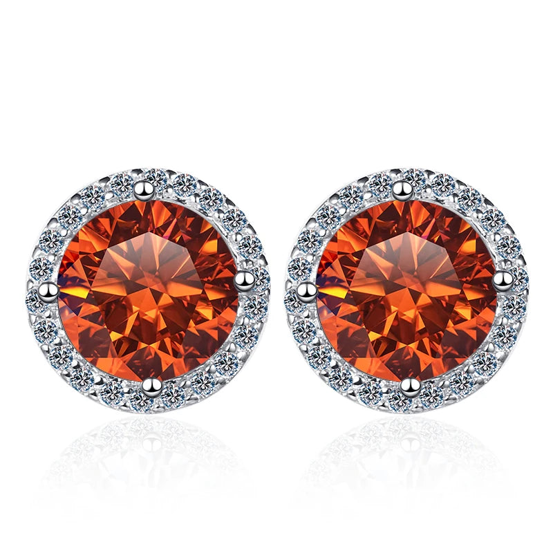 Colored Round Halo Moissanite Stud Earrings in Silver - Orange centers
