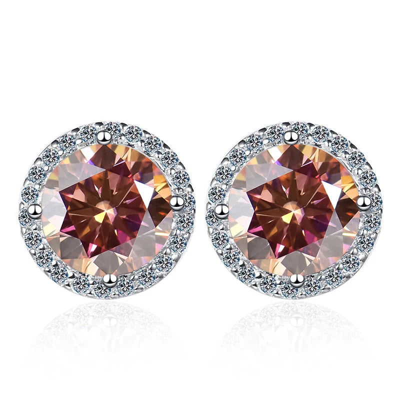 Colored Round Halo Moissanite Stud Earrings in Silver - Orange red centers