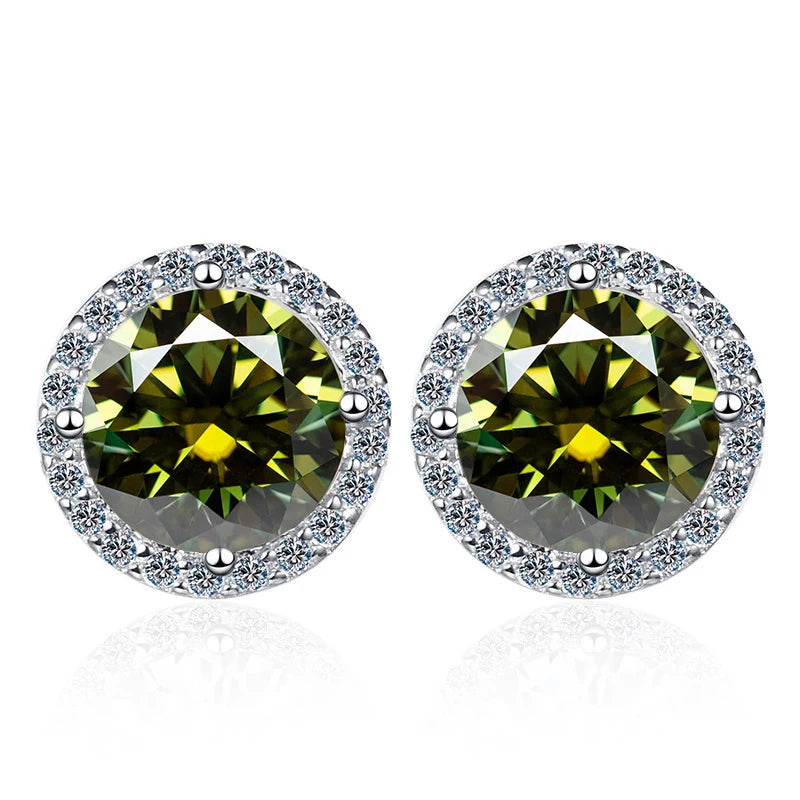 Colored Round Halo Moissanite Stud Earrings in Silver - Yellow green centers