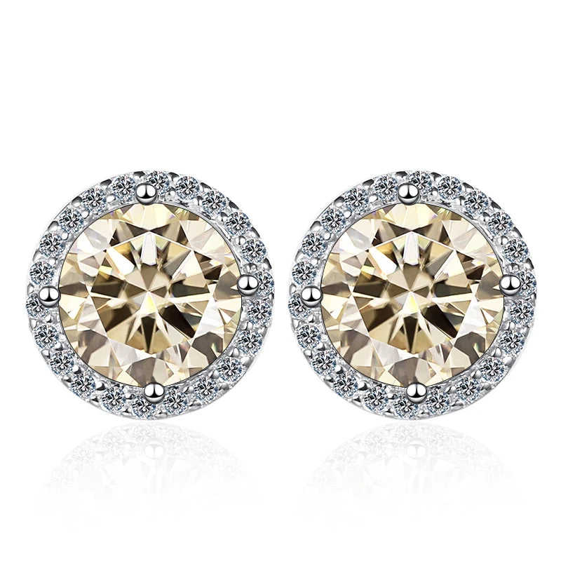 Colored Round Halo Moissanite Stud Earrings in Silver - Light yellow centers