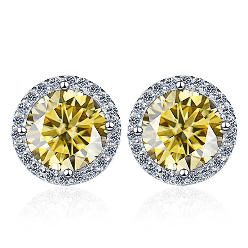 Colored Round Halo Moissanite Stud Earrings in Silver - Lemon yellow centers