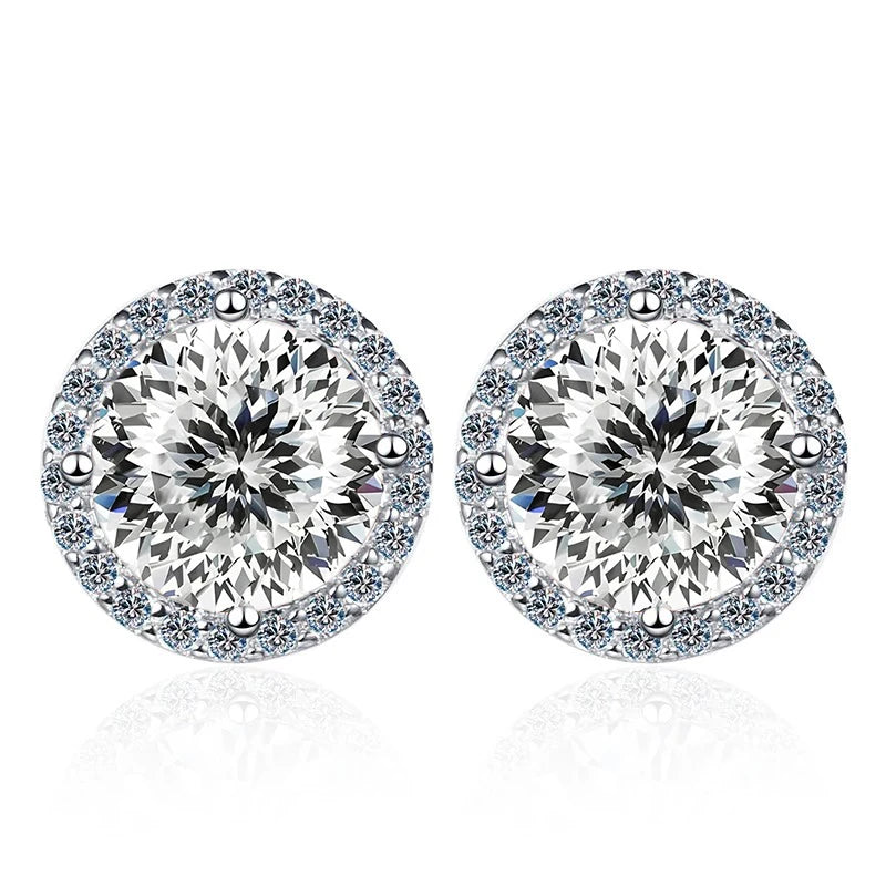 Colored Round Halo Moissanite Stud Earrings in Silver - White 100 Series centers