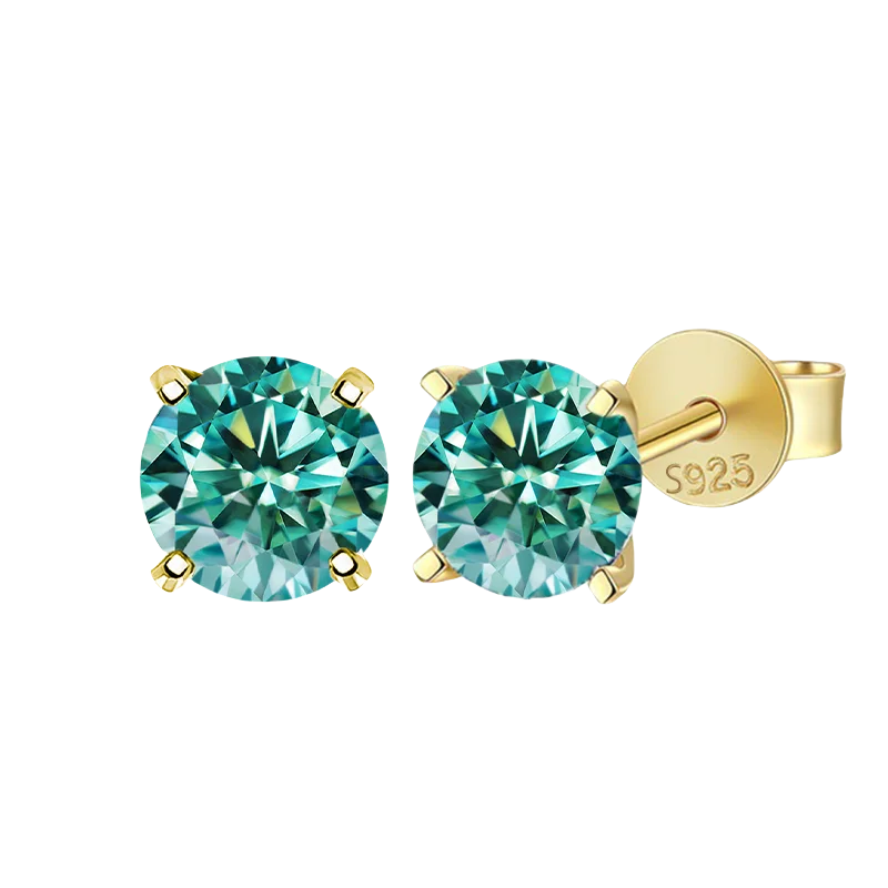 Cyan Round Moissanite Stud Earrings in Sterling Silver — Gold-tone studs