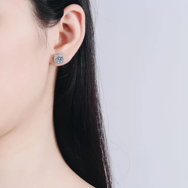 Colored Moissanite Cushion Halo Stud Earrings in Silver - Cushion halo stud on model