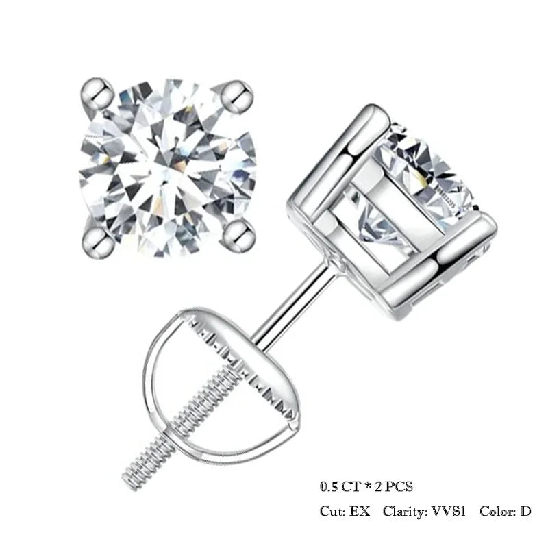 Round & Square Moissanite Screw-Back Stud Earrings in Silver — Round silver 0.5CT option