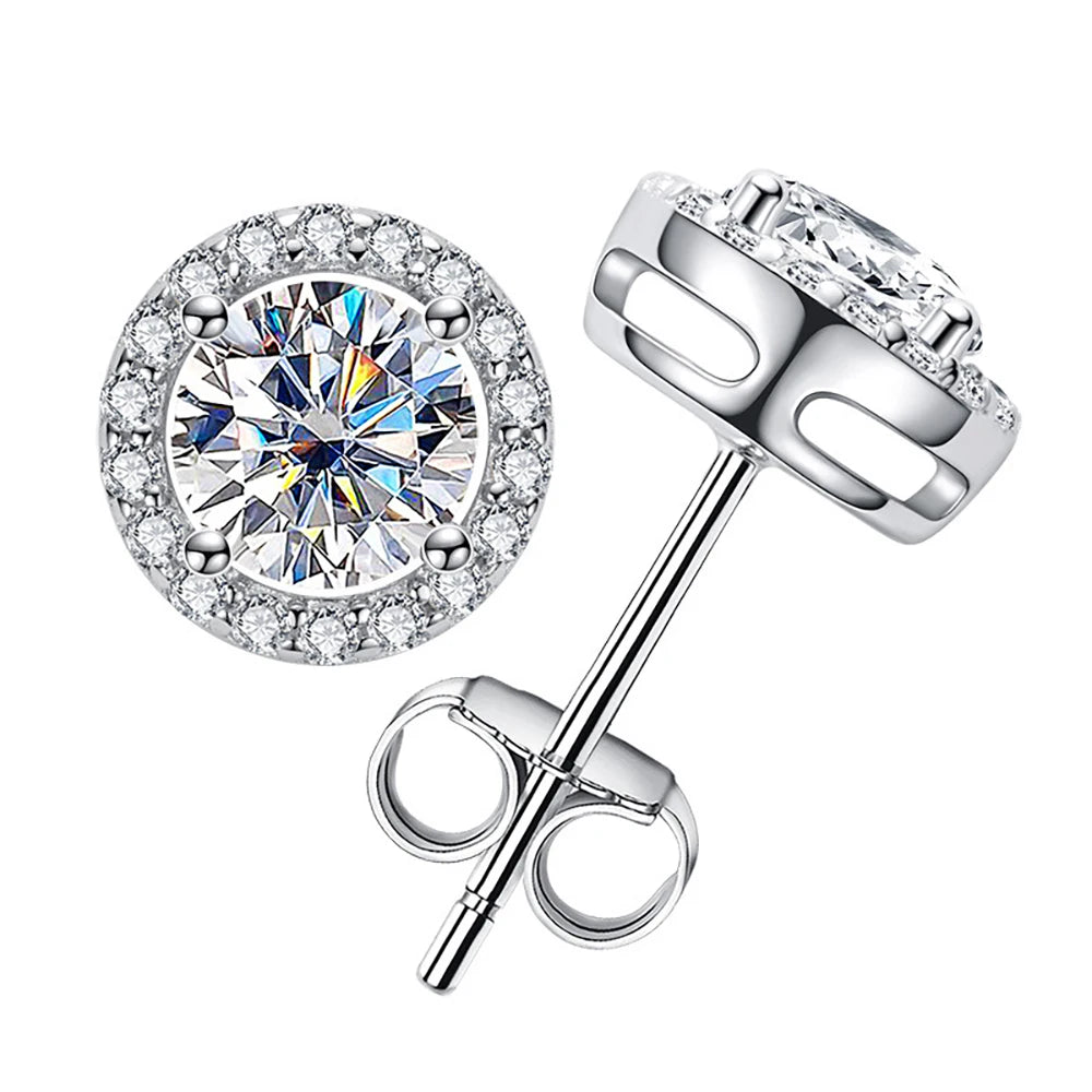 Colored Round Halo Moissanite Stud Earrings in Silver - Halo basket and butterfly back