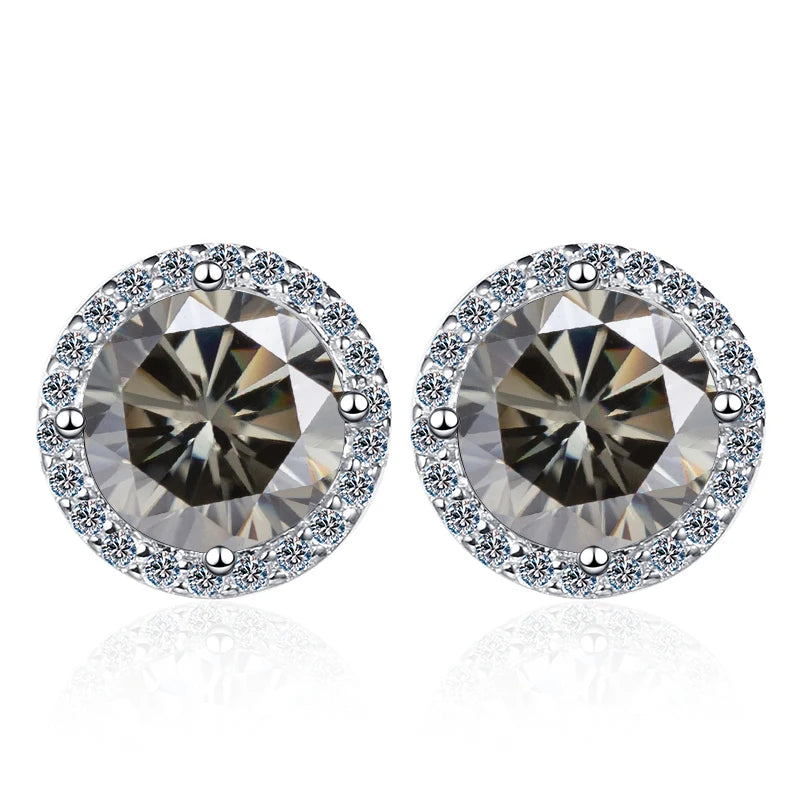 Colored Round Halo Moissanite Stud Earrings in Silver - Gray centers