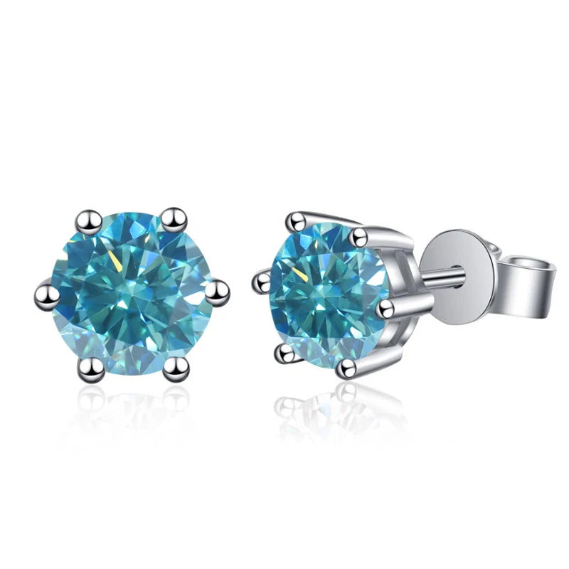 Colored Six-Prong Moissanite Stud Earrings in Sterling Silver — Sea blue