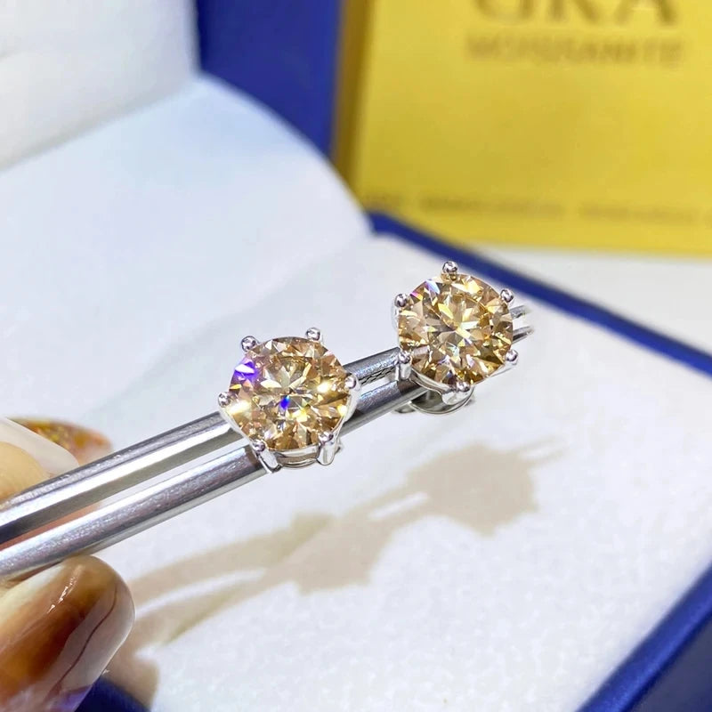 Colored Six-Prong Moissanite Stud Earrings in Sterling Silver — Light yellow pair