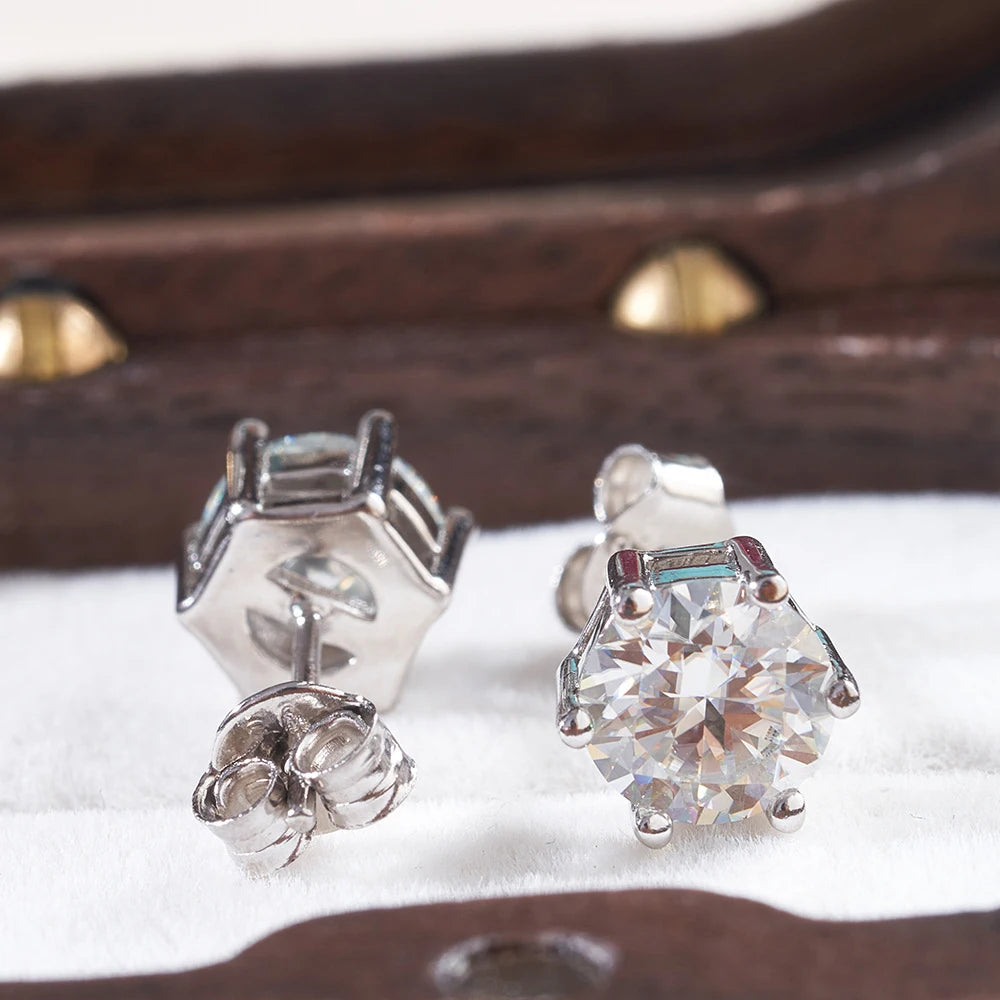 Colored Six-Prong Moissanite Stud Earrings in Sterling Silver — White basket detail