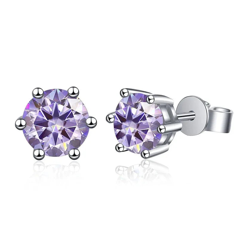 Colored Six-Prong Moissanite Stud Earrings in Sterling Silver — Light purple