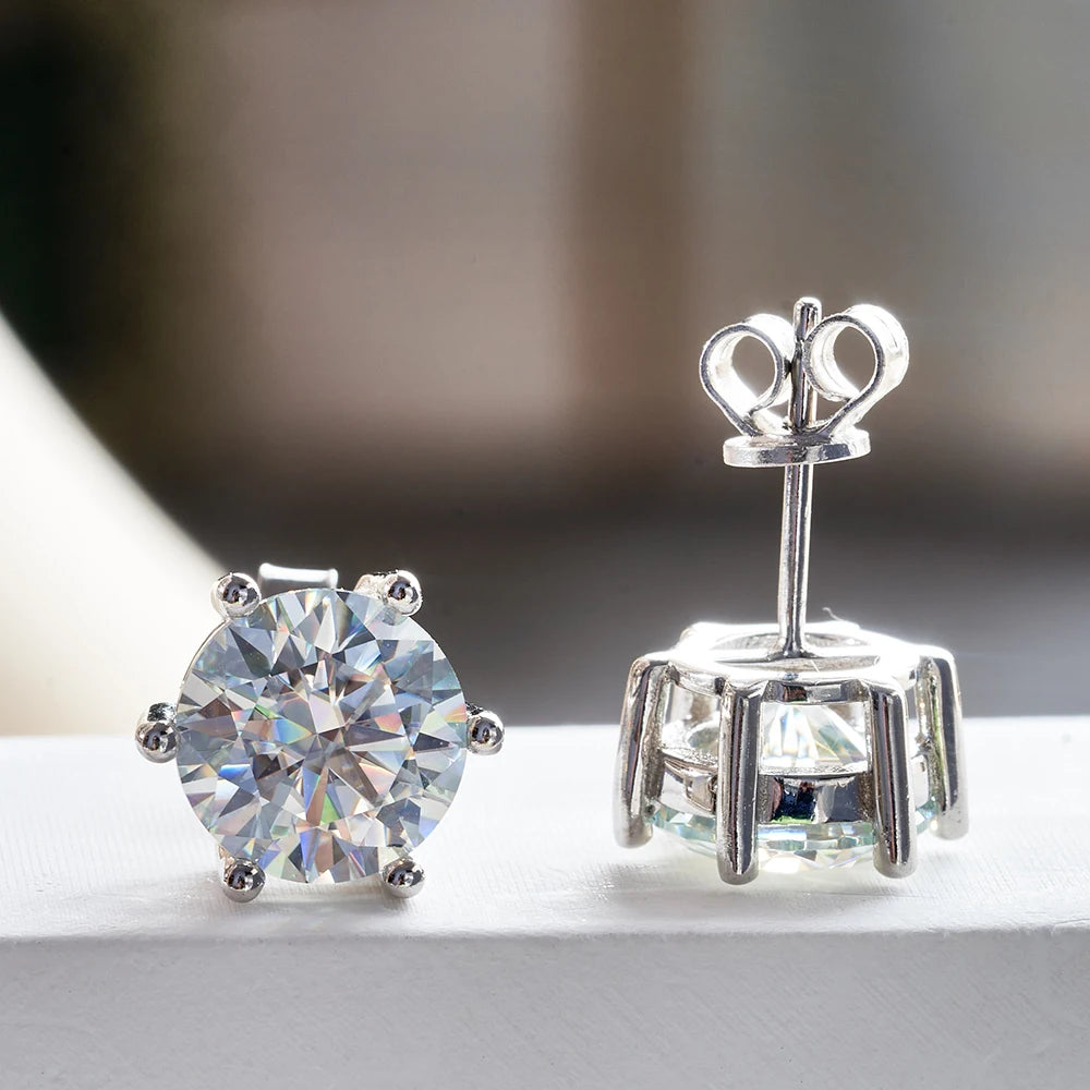 Colored Six-Prong Moissanite Stud Earrings in Sterling Silver — White front and butterfly back