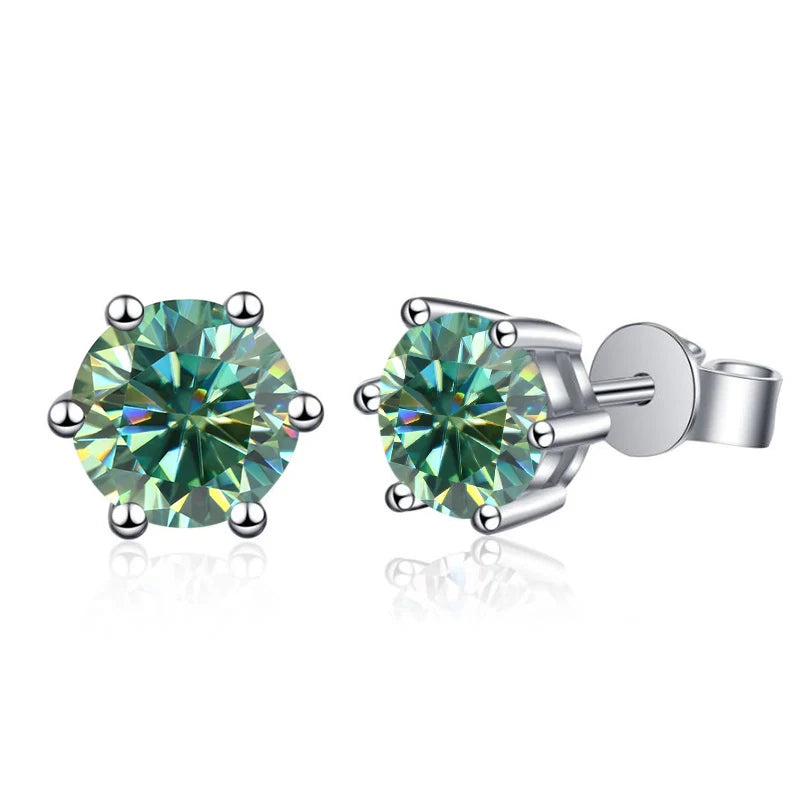 Colored Six-Prong Moissanite Stud Earrings in Sterling Silver — Blue green