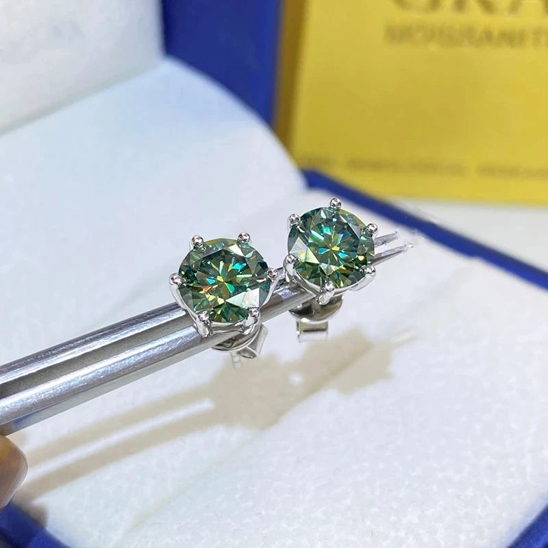 Colored Six-Prong Moissanite Stud Earrings in Sterling Silver — Blue green pair