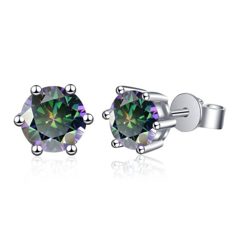 Colored Six-Prong Moissanite Stud Earrings in Sterling Silver — Multicolor green
