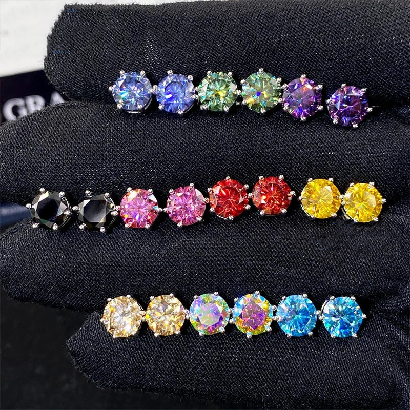 Colored Six-Prong Moissanite Stud Earrings in Sterling Silver — Full color selection