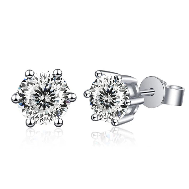 Colored Six-Prong Moissanite Stud Earrings in Sterling Silver — White 100-facet cut