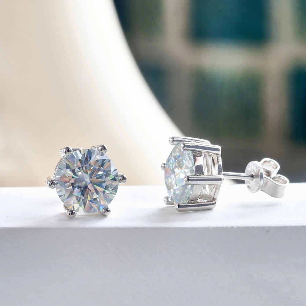 Colored Six-Prong Moissanite Stud Earrings in Sterling Silver — White front and side