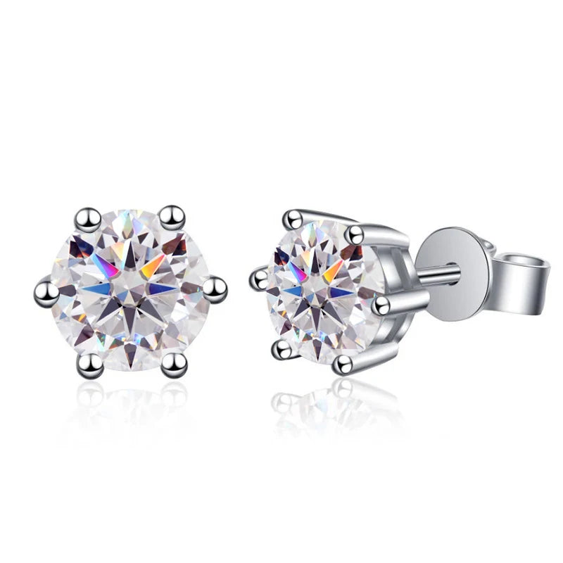Colored Six-Prong Moissanite Stud Earrings in Sterling Silver — White