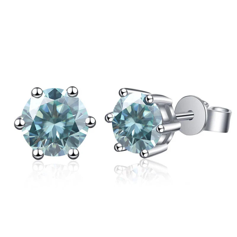 Colored Six-Prong Moissanite Stud Earrings in Sterling Silver — Light blue