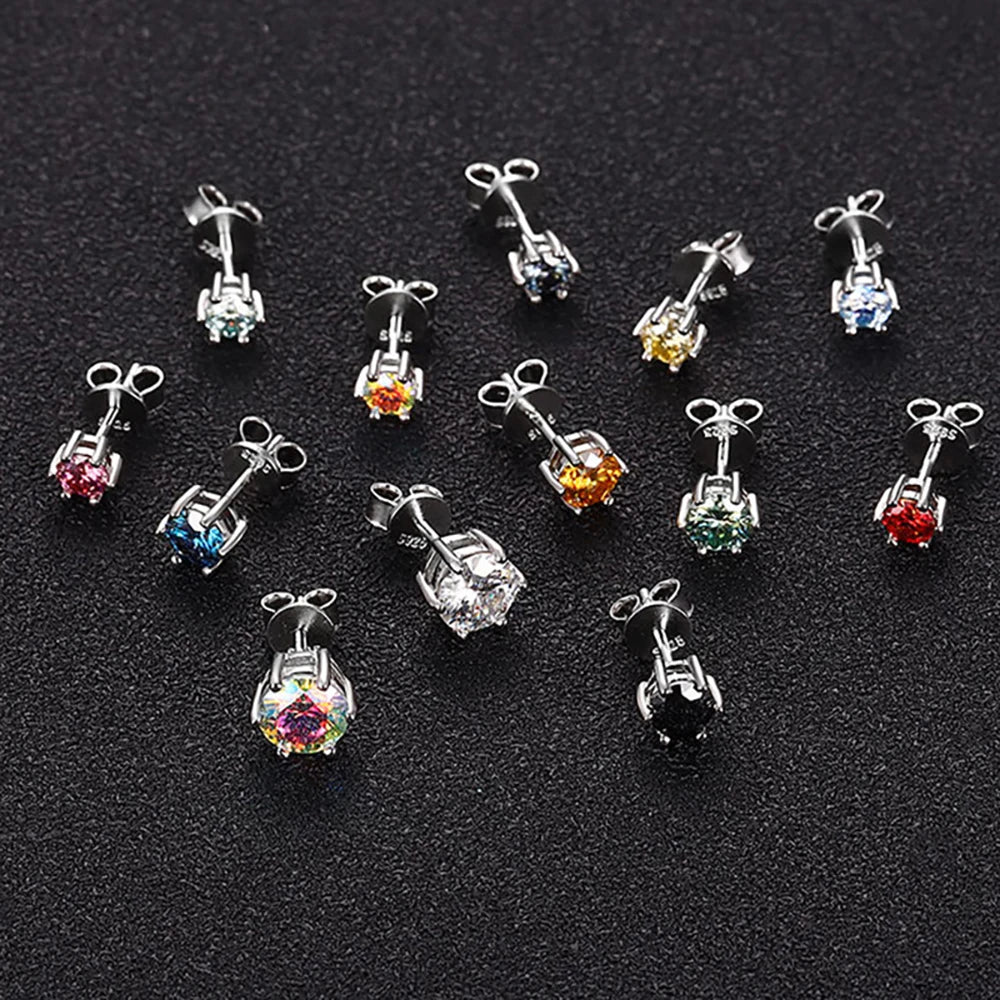 Colored Six-Prong Moissanite Stud Earrings in Sterling Silver — Colored posts and settings