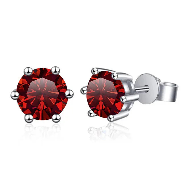 Colored Six-Prong Moissanite Stud Earrings in Sterling Silver — Red