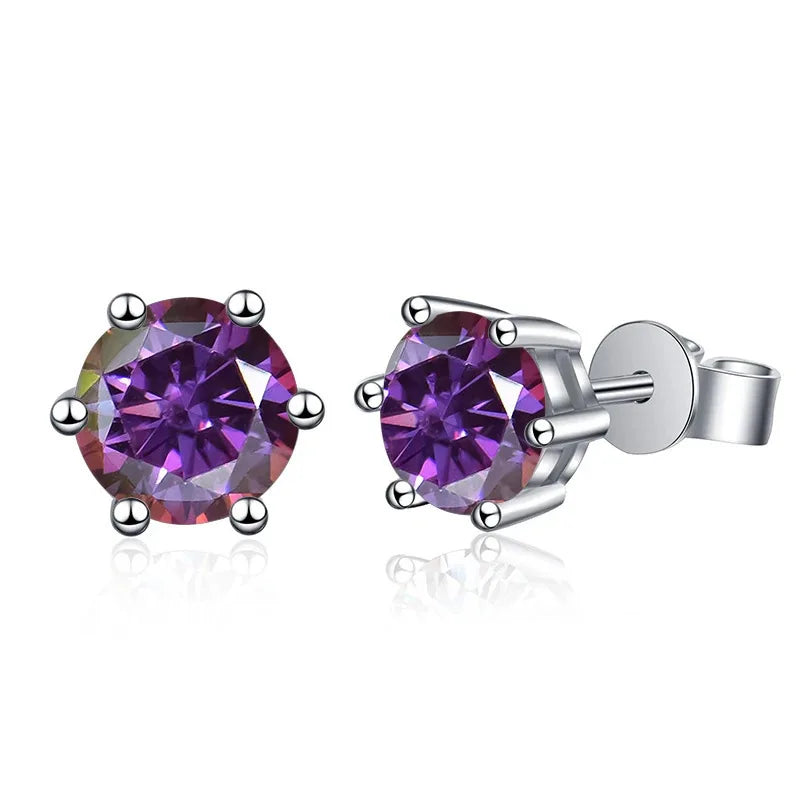 Colored Six-Prong Moissanite Stud Earrings in Sterling Silver — Purplish red