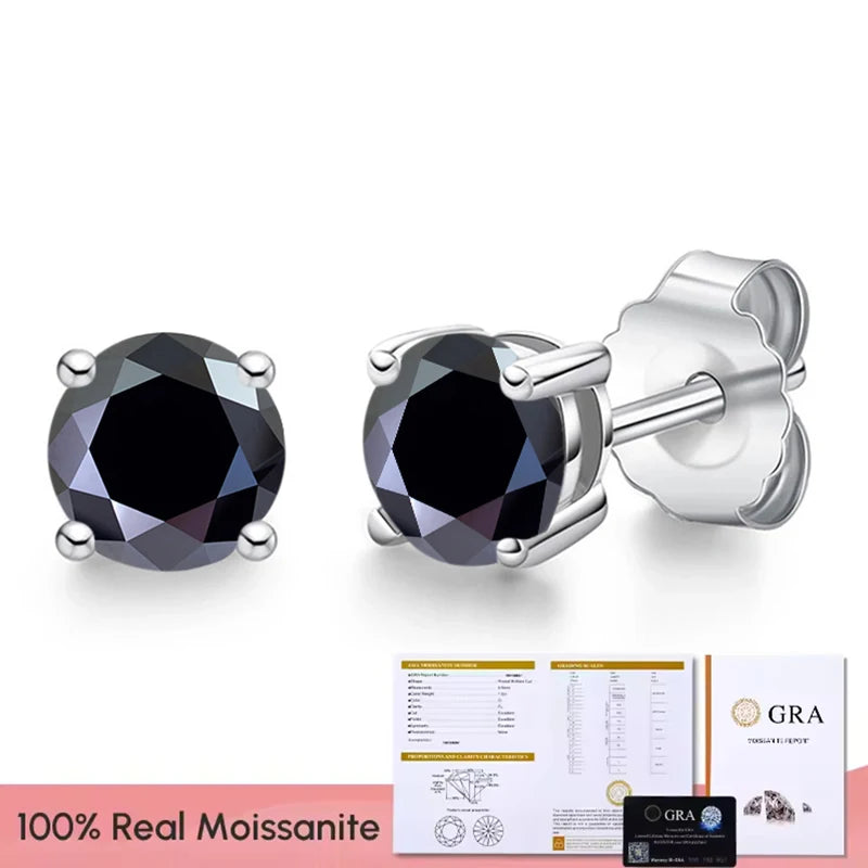 Black & White Moissanite Four-Prong Stud Earrings - black stone option