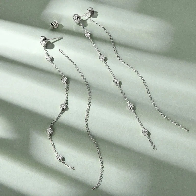 Long Moissanite Station Chain Earrings in Sterling Silver — Silver chain earrings
