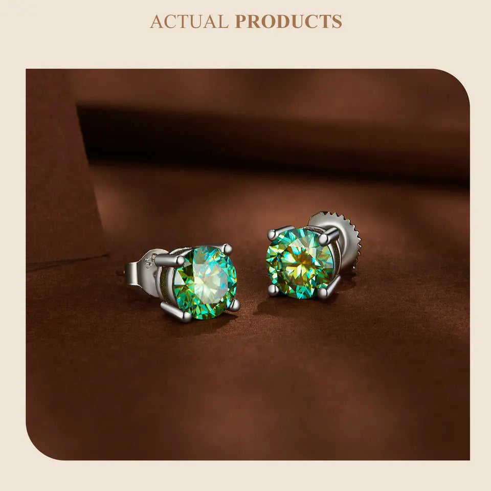Four-Prong Moissanite Screw-Back Stud Earrings - green stone close-up