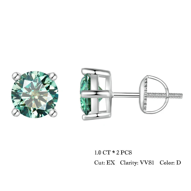 Four-Prong Moissanite Screw-Back Stud Earrings - green stones in silver, 1 ct option