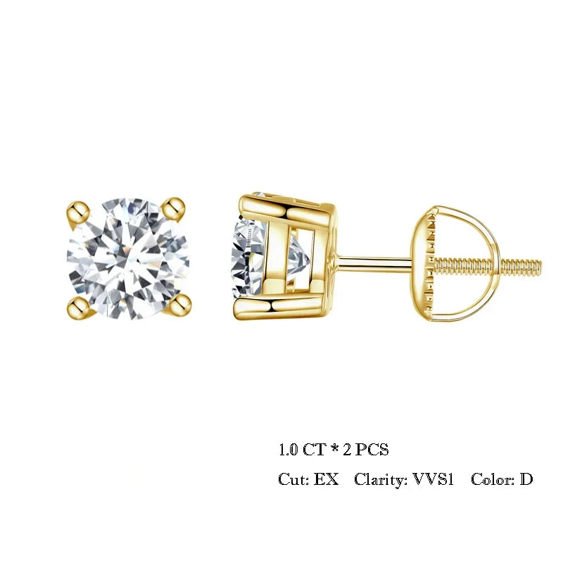 Four-Prong Moissanite Screw-Back Stud Earrings - white stones in gold-tone, 1 ct option