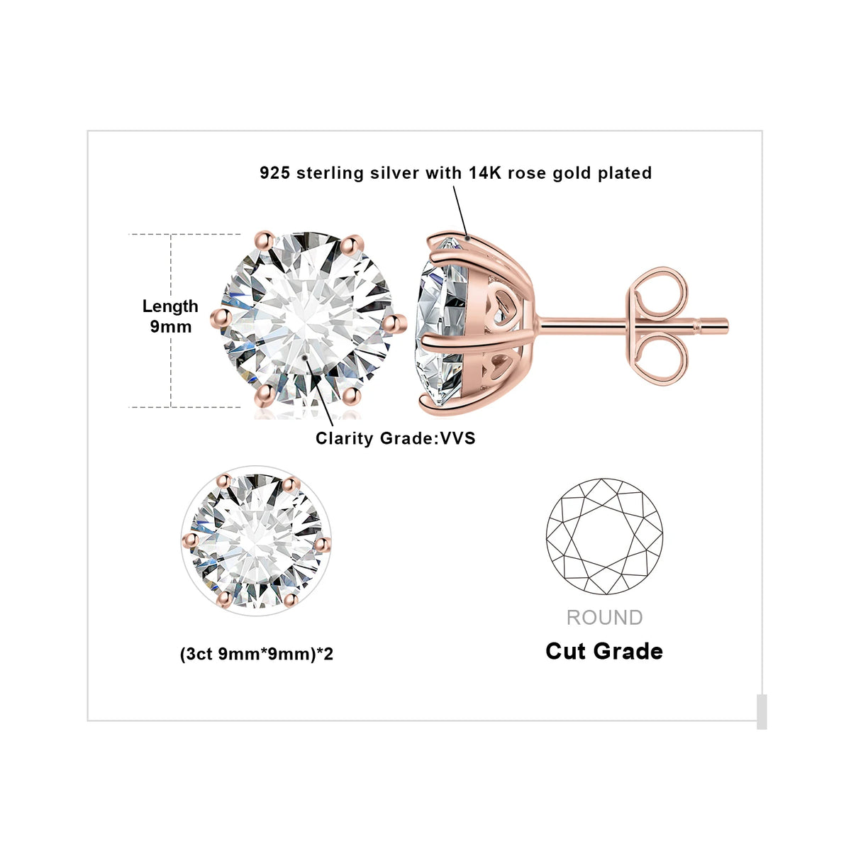Round Moissanite Solitaire Stud Earrings in Three Metal Finishes — Rose gold-tone largest-stone diagram