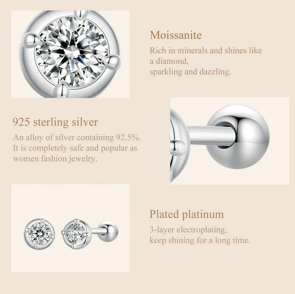 Round Moissanite Ball-Back Stud Earrings in Sterling Silver — Material detail