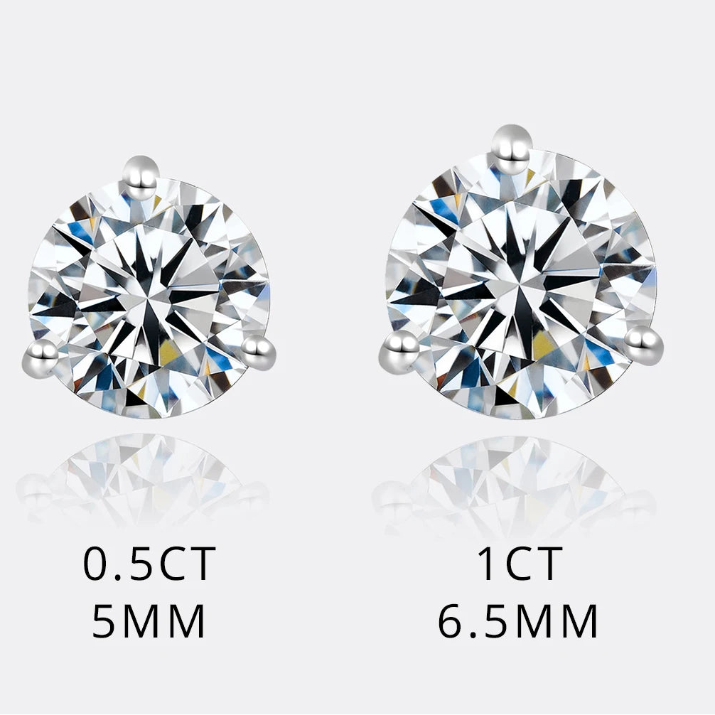Three-Prong Round Moissanite Stud Earrings in Silver — Stone size comparison