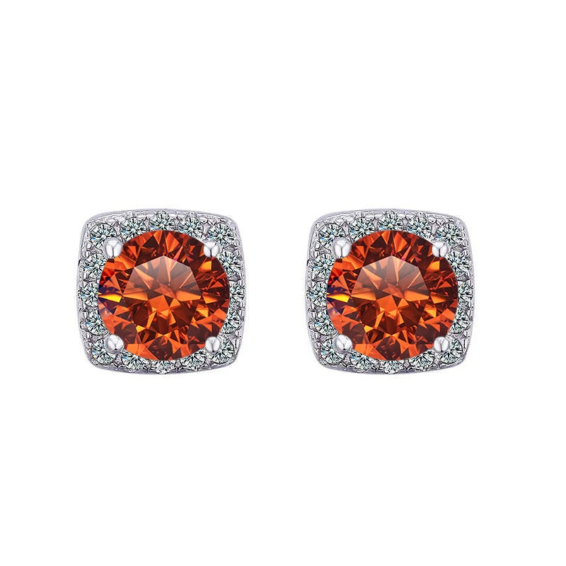 Colored Cushion Halo Moissanite Stud Earrings in Silver — Orange