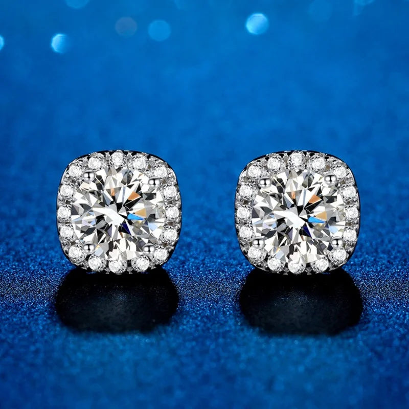 Colored Cushion Halo Moissanite Stud Earrings in Silver — White pair on blue background