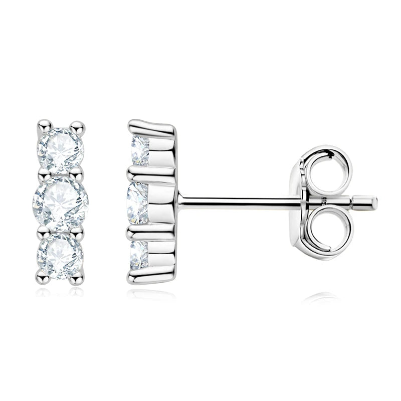 Moissanite Bar & Curved Climber Stud Earrings in Sterling Silver — Silver bar front and side
