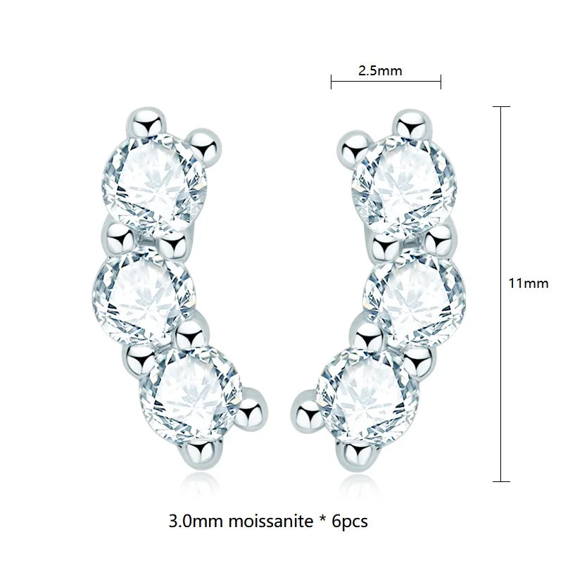 Moissanite Bar & Curved Climber Stud Earrings in Sterling Silver — Curved three-stone dimensions