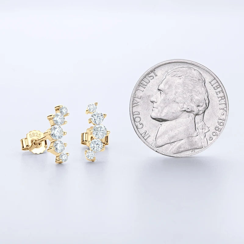 Moissanite Bar & Curved Climber Stud Earrings in Sterling Silver — Gold-tone climber scale