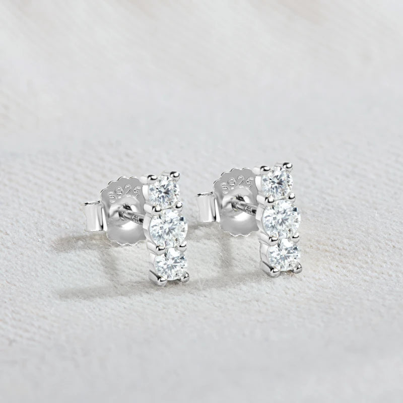 Moissanite Bar & Curved Climber Stud Earrings in Sterling Silver — Silver three-stone detail