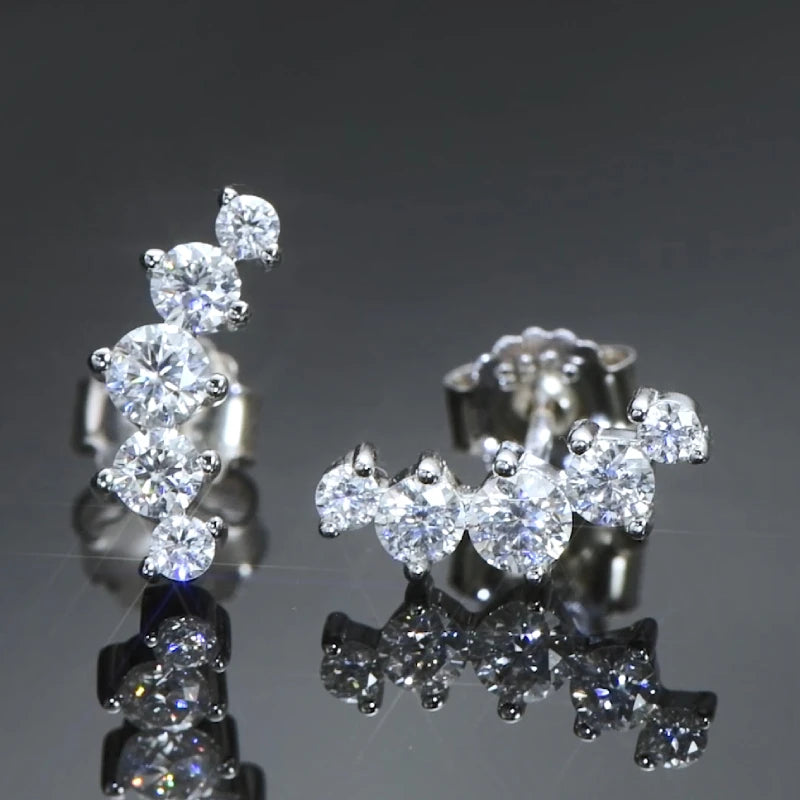 Moissanite Bar & Curved Climber Stud Earrings in Sterling Silver — Silver five-stone climbers