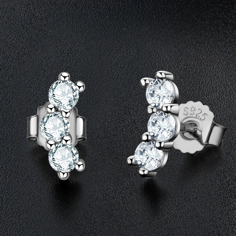 Moissanite Bar & Curved Climber Stud Earrings in Sterling Silver — Silver curved three-stone option