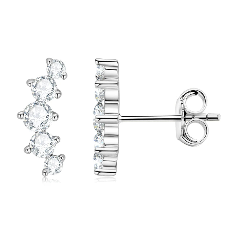 Moissanite Bar & Curved Climber Stud Earrings in Sterling Silver — Silver five-stone front and side