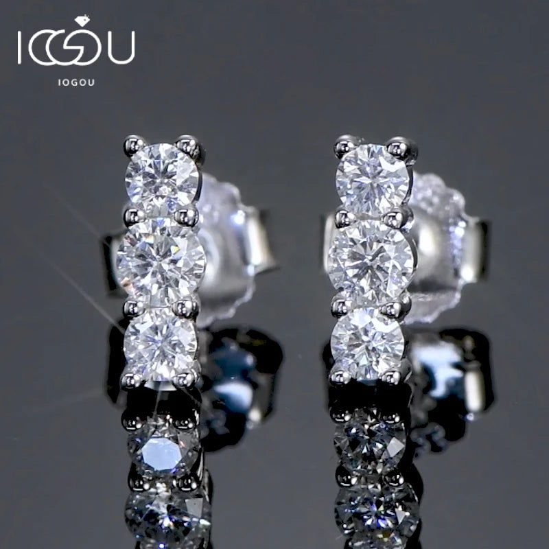 Moissanite Bar & Curved Climber Stud Earrings in Sterling Silver — Silver three-stone bars