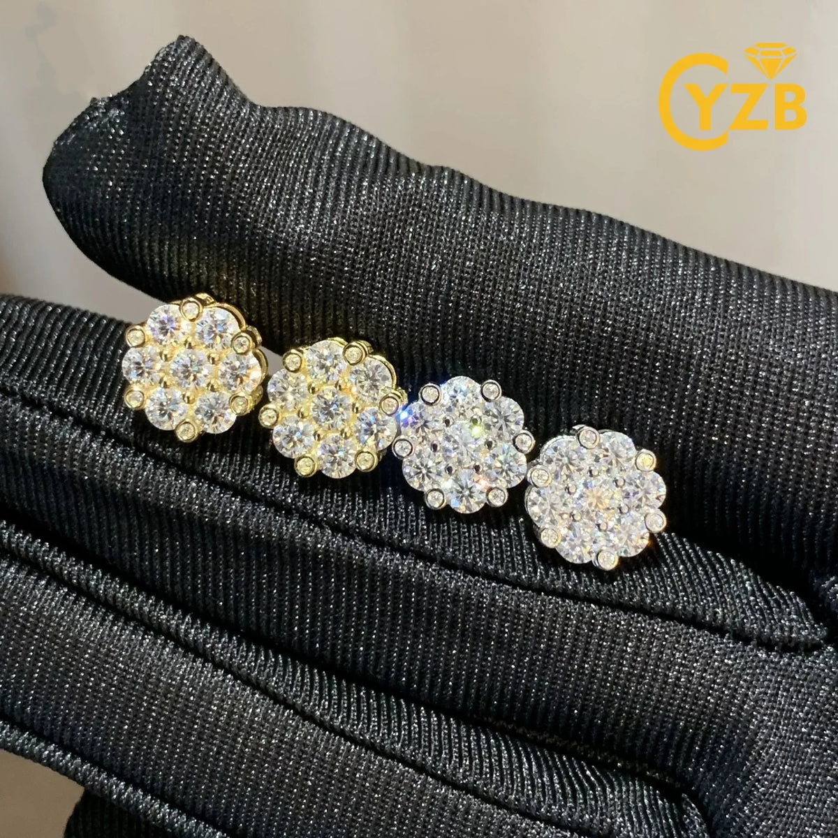 Seven-Stone Flower Moissanite Cluster Stud Earrings — Finish comparison