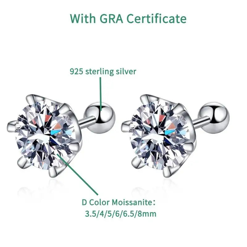 Round Moissanite Ball-Back Stud Earrings in Sterling Silver — Stone size options and silver construction